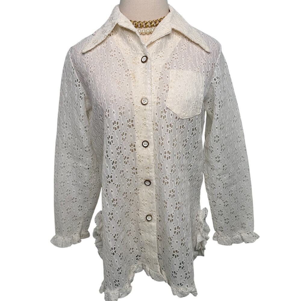 Dotti vintage 70s daisy lace ruffle hem off white wide collar blouse size M